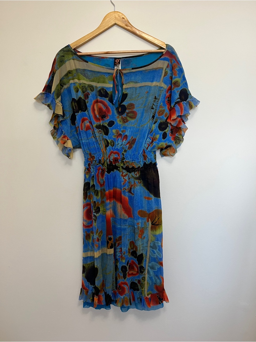 Jean Paul Gaultier Soleil Blue Floral Knee Length Dress Fuzzi Mesh Size M Y2K